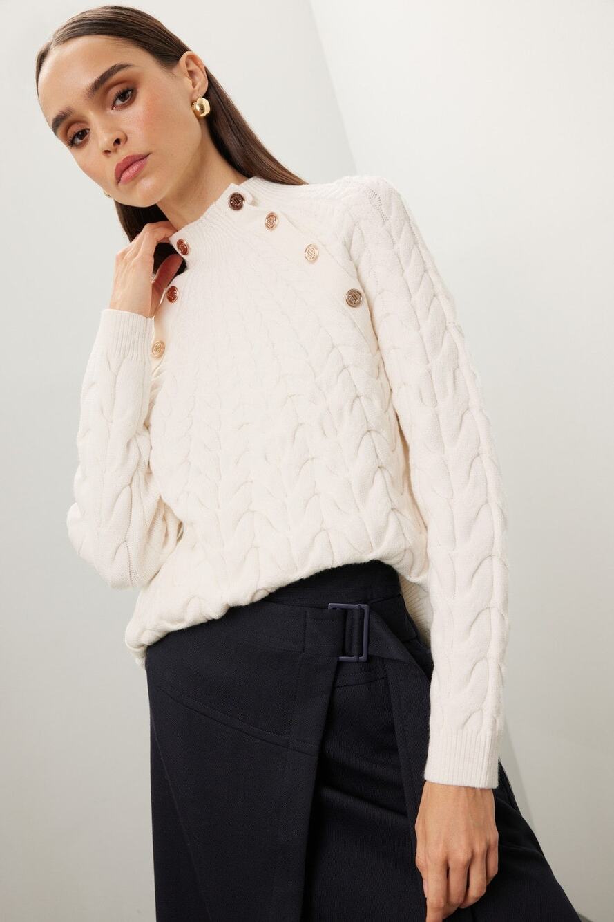 Maje White Button Mock Neck Chunky Cable Knit Long Sleeve Sweater Size Small